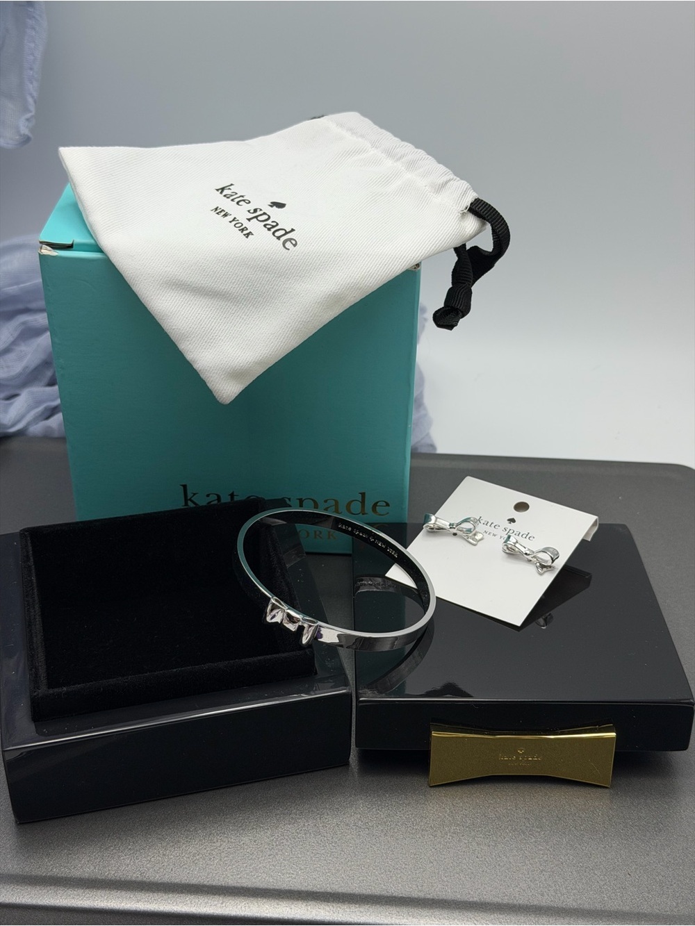 Kate Spade Silver Bracelet and Earrings with Trinket Box #30SET